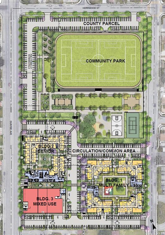 Site plan of the former MacLaren Hall property showing the community park and county parcel to the north, the senior building and mixed-use building along Durfee Avenue, and the multifamily building to the east