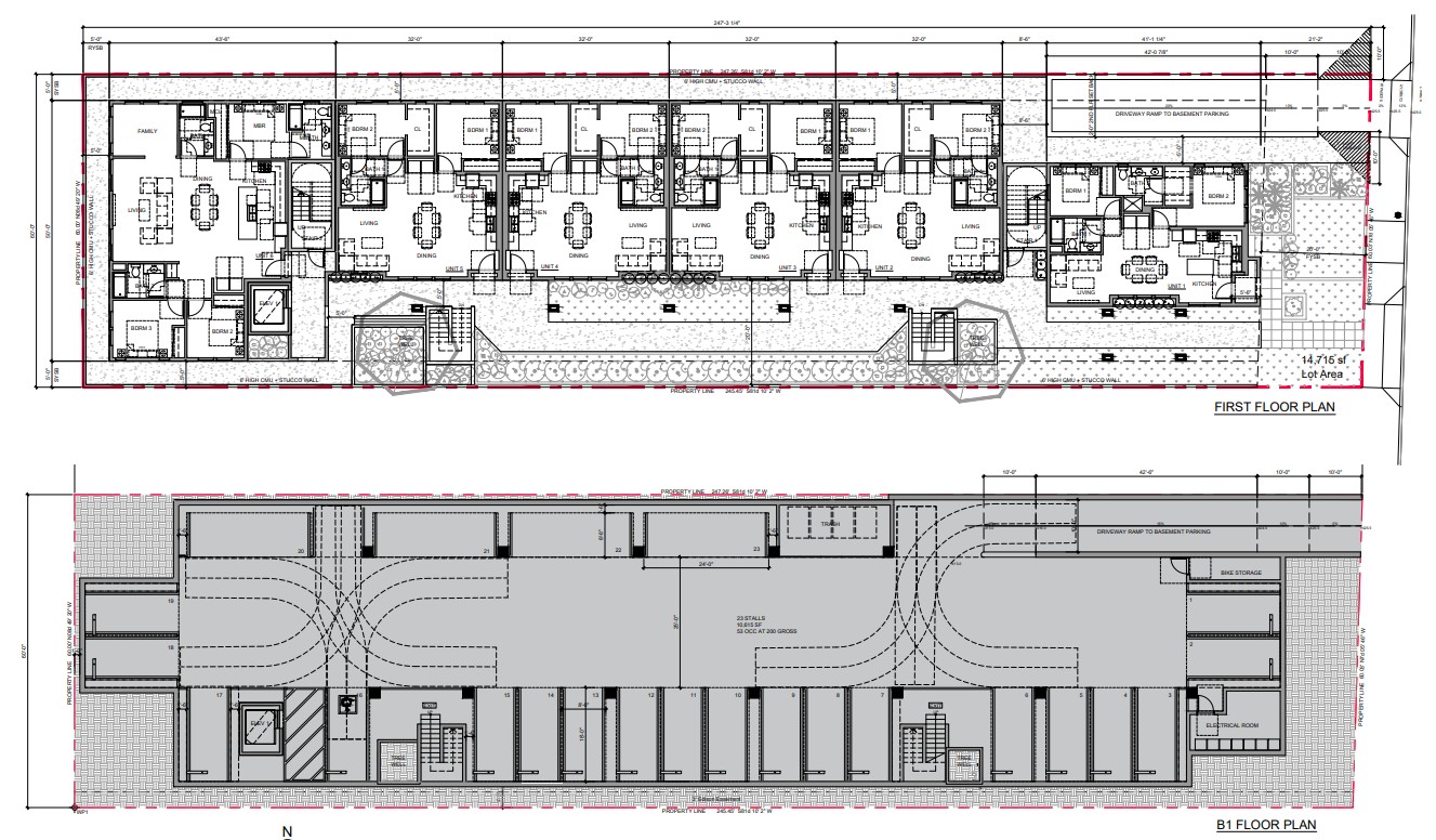 First floor and subterranean parking plan for 6119 Temple City Boulevard, showing ground-floor units and a 23-stall garage
