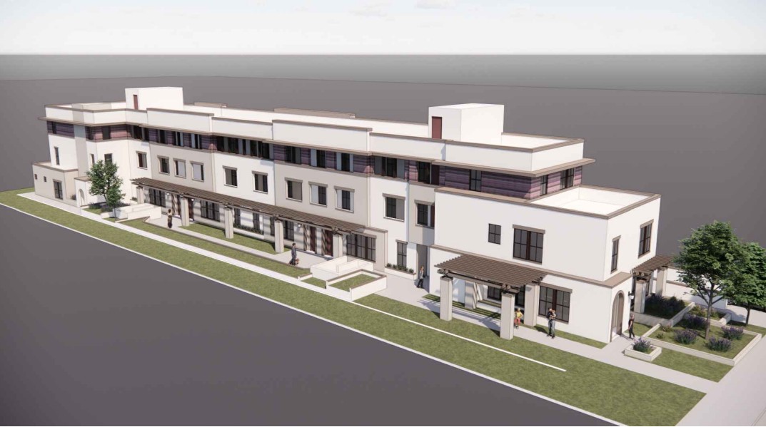 Aerial-angle rendering of the three-story 6119 Temple City Boulevard condominium building along its full street frontage